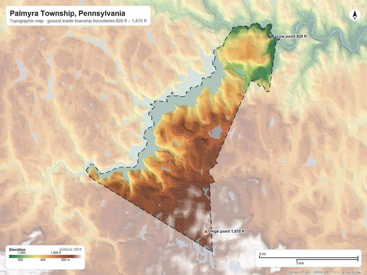 Topographic elevation map of Palmyra Township, Pennsylvania, shaded from 820 ft on the northeast side to 1,870 ft on the south side
