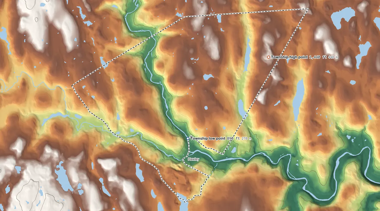 Topographic elevation map of Palmyra Township, Wayne County, Pennsylvania, shaded from 890 ft near the middle to 1,440 ft on the northeast side
