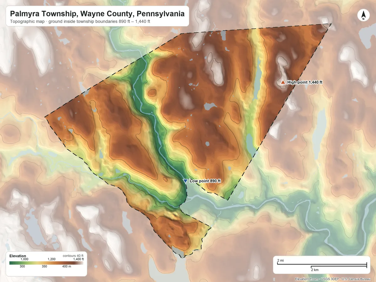 Topographic elevation map of Palmyra Township, Wayne County, Pennsylvania, shaded from 890 ft near the middle to 1,440 ft on the northeast side