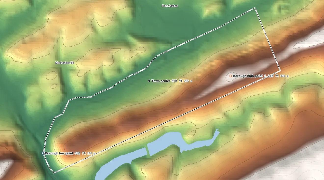 Topographic elevation map of Palo Alto, Pennsylvania, shaded from 600 ft on the southwest side to 1,210 ft on the east side