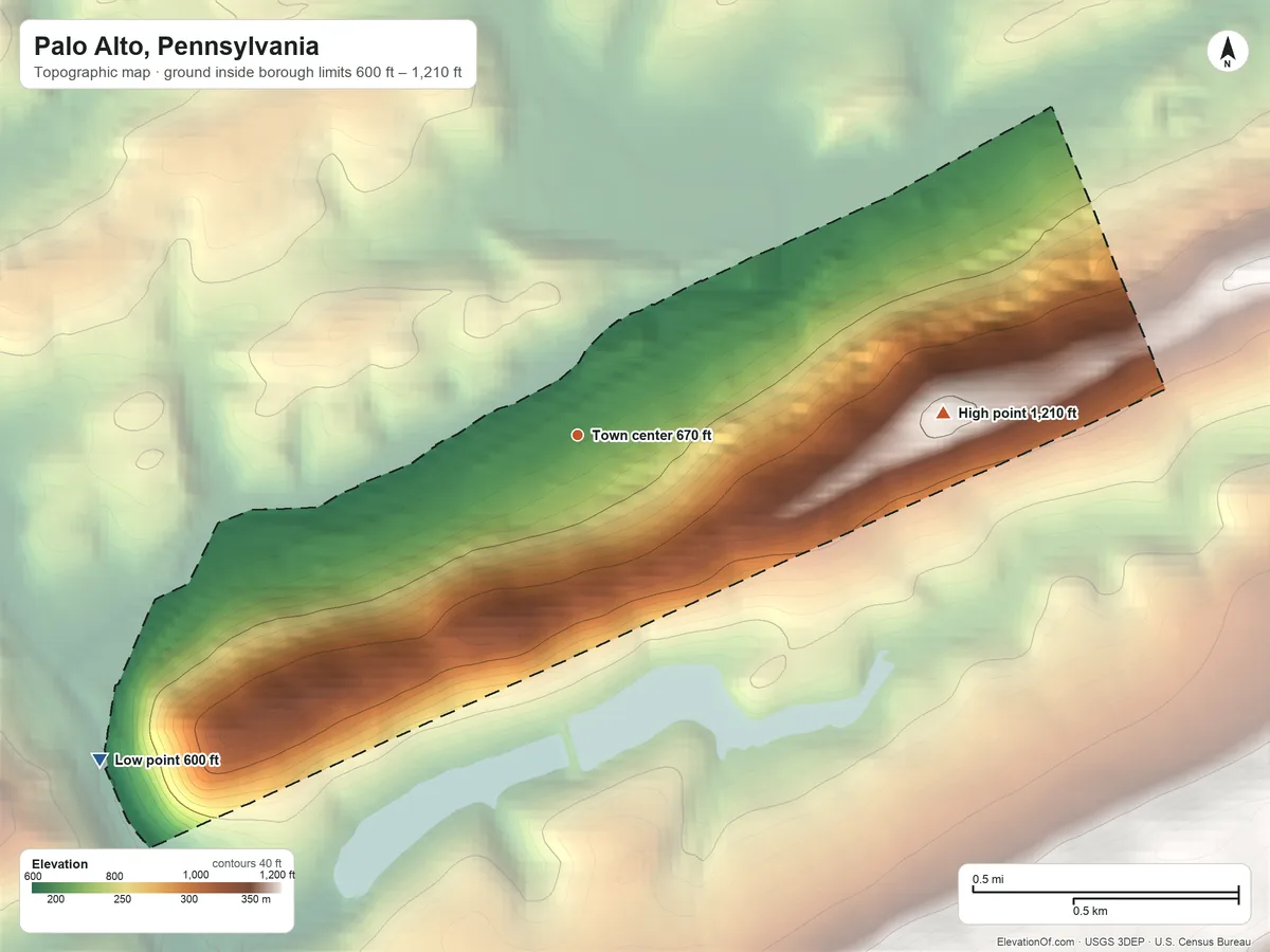 Topographic elevation map of Palo Alto, Pennsylvania, shaded from 600 ft on the southwest side to 1,210 ft on the east side