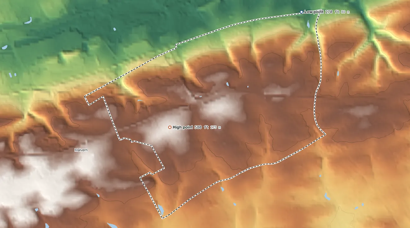 Topographic elevation map of Paoli, Pennsylvania, shaded from 270 ft on the northeast side to 580 ft on the west side