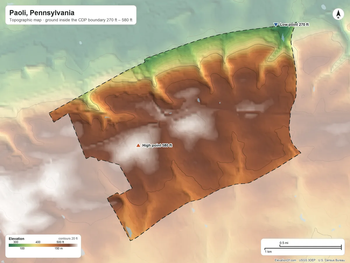 Topographic elevation map of Paoli, Pennsylvania, shaded from 270 ft on the northeast side to 580 ft on the west side