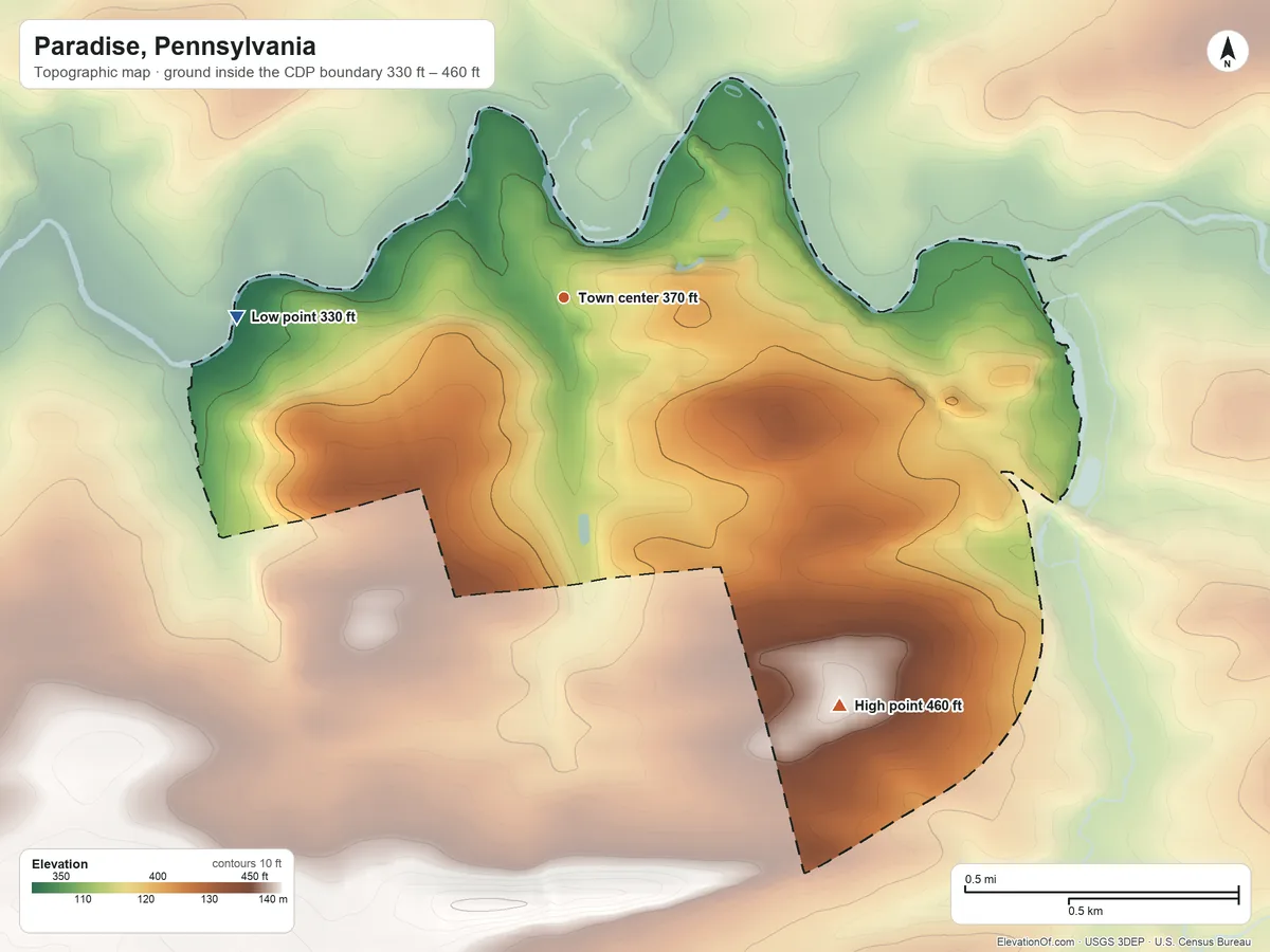 Topographic elevation map of Paradise, Pennsylvania, shaded from 330 ft on the west side to 460 ft on the southeast side