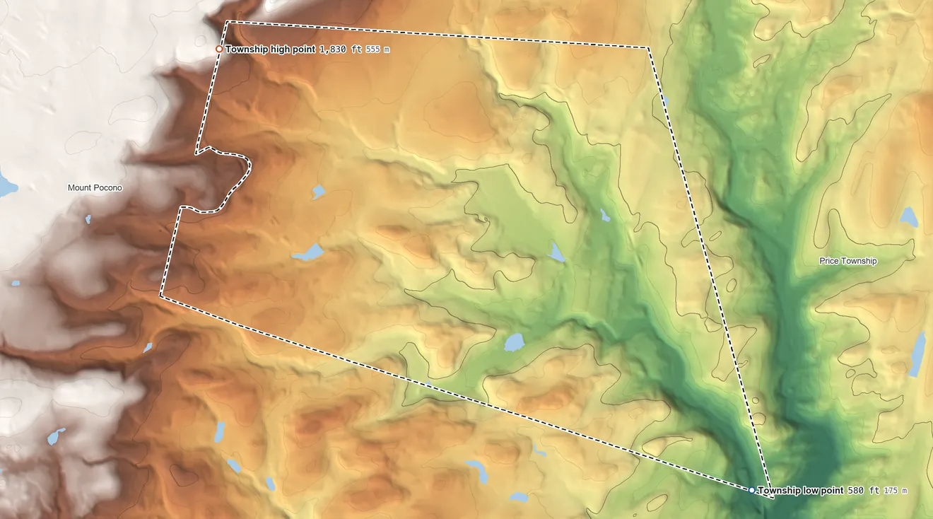 Topographic elevation map of Paradise Township, Monroe County, Pennsylvania, shaded from 580 ft on the southeast side to 1,830 ft on the northwest side