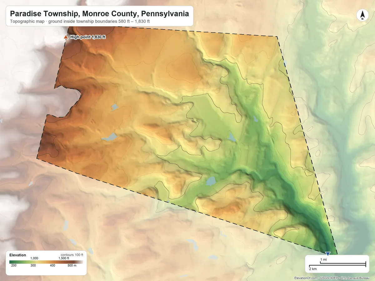 Topographic elevation map of Paradise Township, Monroe County, Pennsylvania, shaded from 580 ft on the southeast side to 1,830 ft on the northwest side