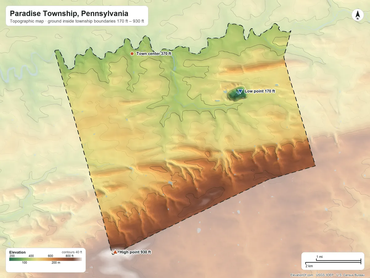Topographic elevation map of Paradise Township, Pennsylvania, shaded from 170 ft on the east side to 930 ft on the south side