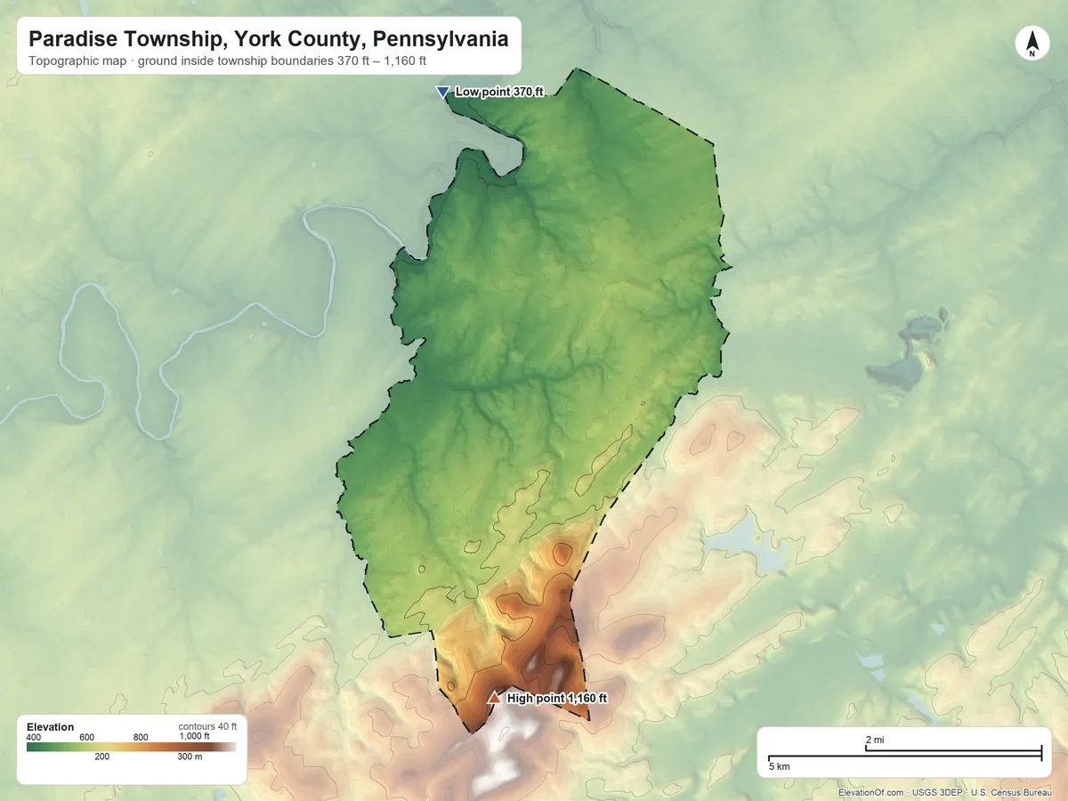 Topographic elevation map of Paradise Township, York County, Pennsylvania, shaded from 370 ft on the north side to 1,160 ft on the south edge, below higher ground just outside
