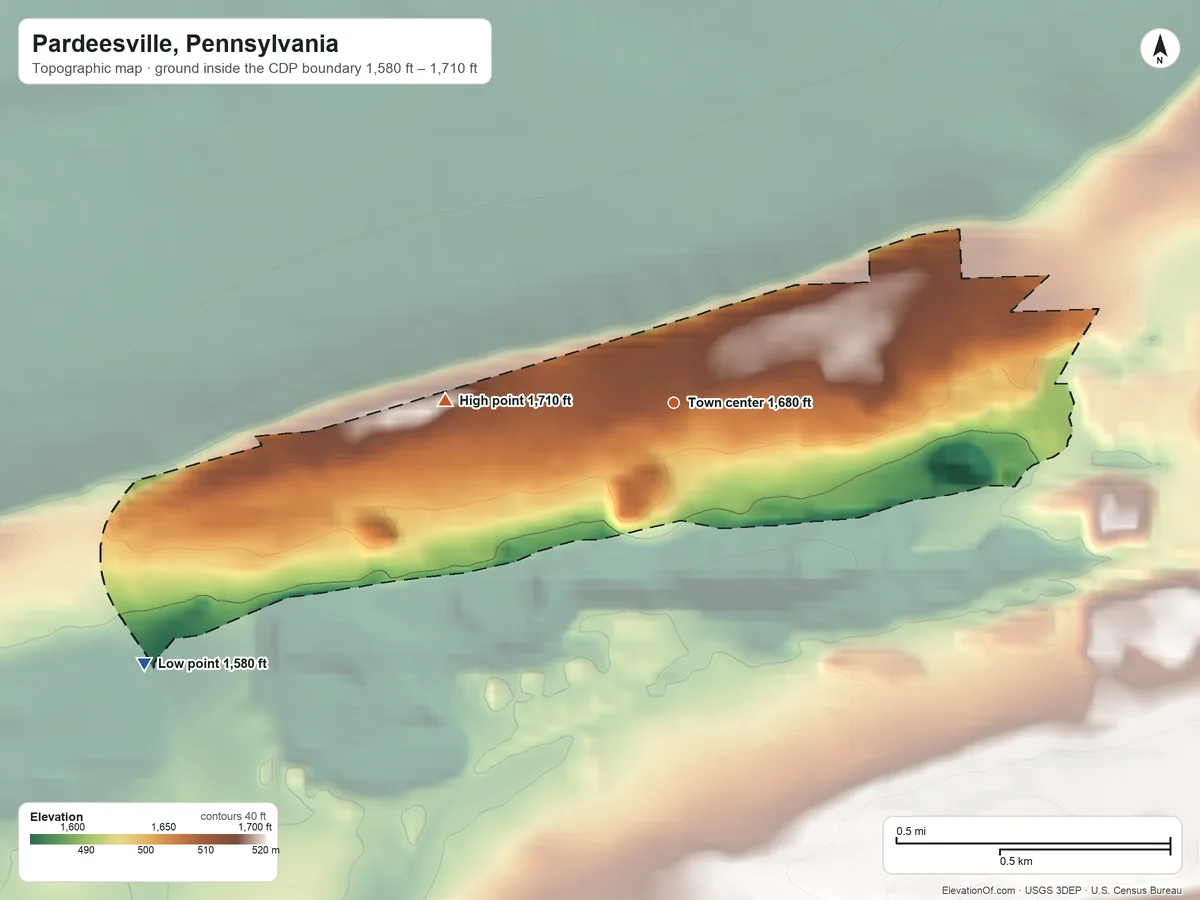 Topographic elevation map of Pardeesville, Pennsylvania, shaded from 1,580 ft on the southwest side to 1,710 ft on the west side