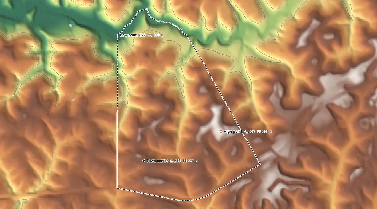 Topographic elevation map of Paris, Pennsylvania, shaded from 820 ft on the north side to 1,290 ft on the east side