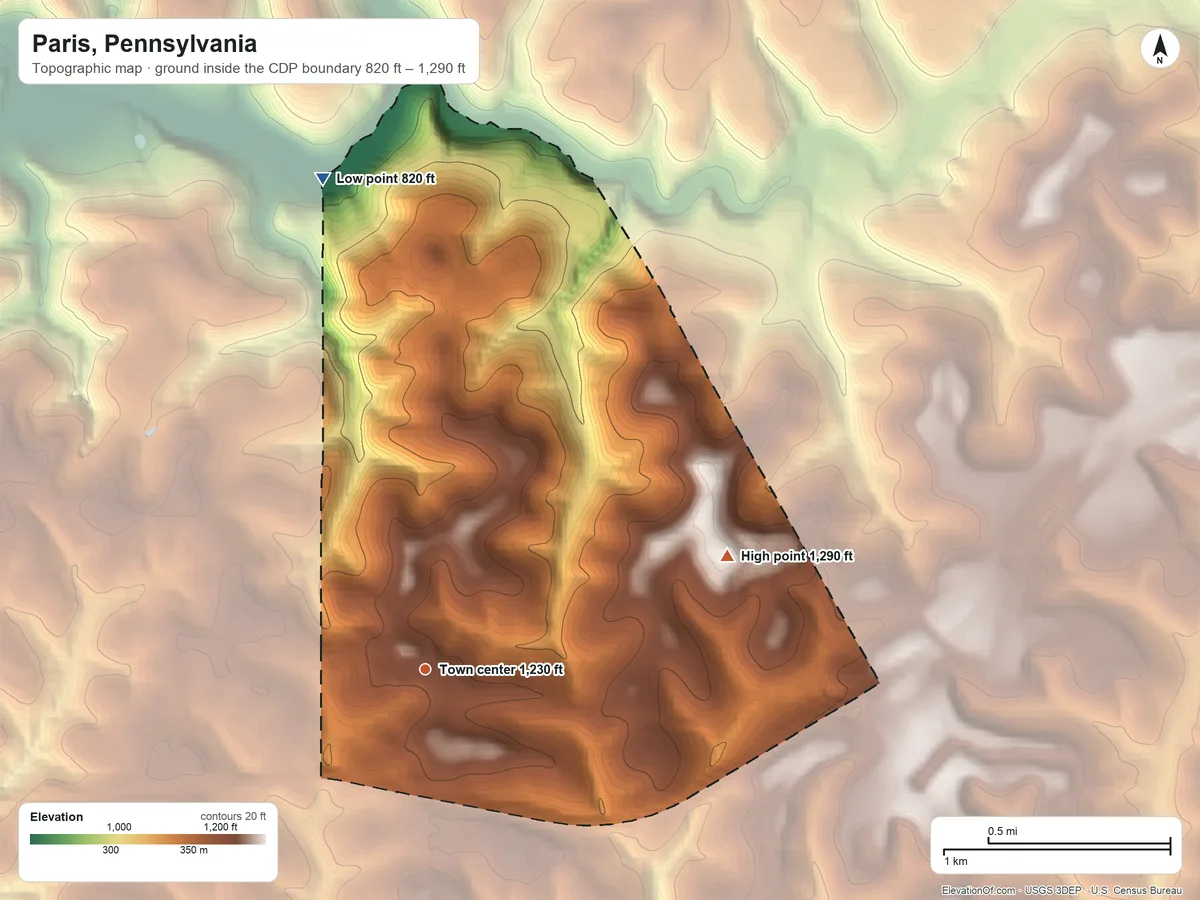 Topographic elevation map of Paris, Pennsylvania, shaded from 820 ft on the north side to 1,290 ft on the east side