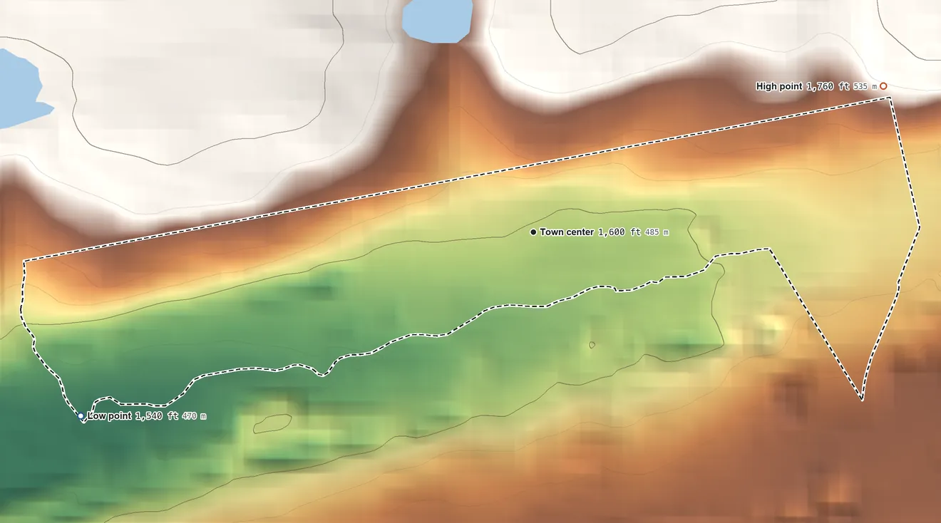 Topographic elevation map of Park Place, Pennsylvania, shaded from 1,540 ft on the west side to 1,760 ft at the foot of the Broad Mountain