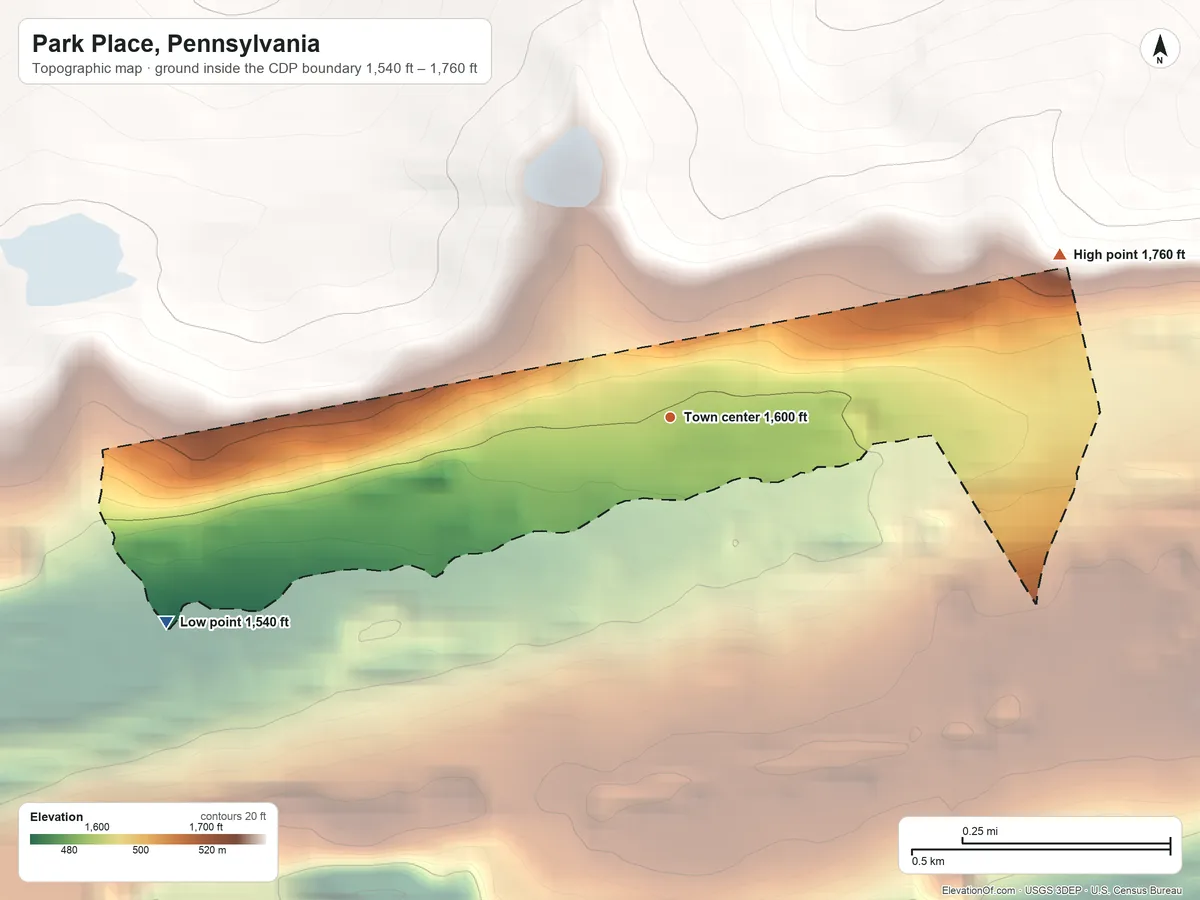 Topographic elevation map of Park Place, Pennsylvania, shaded from 1,540 ft on the west side to 1,760 ft at the foot of the Broad Mountain