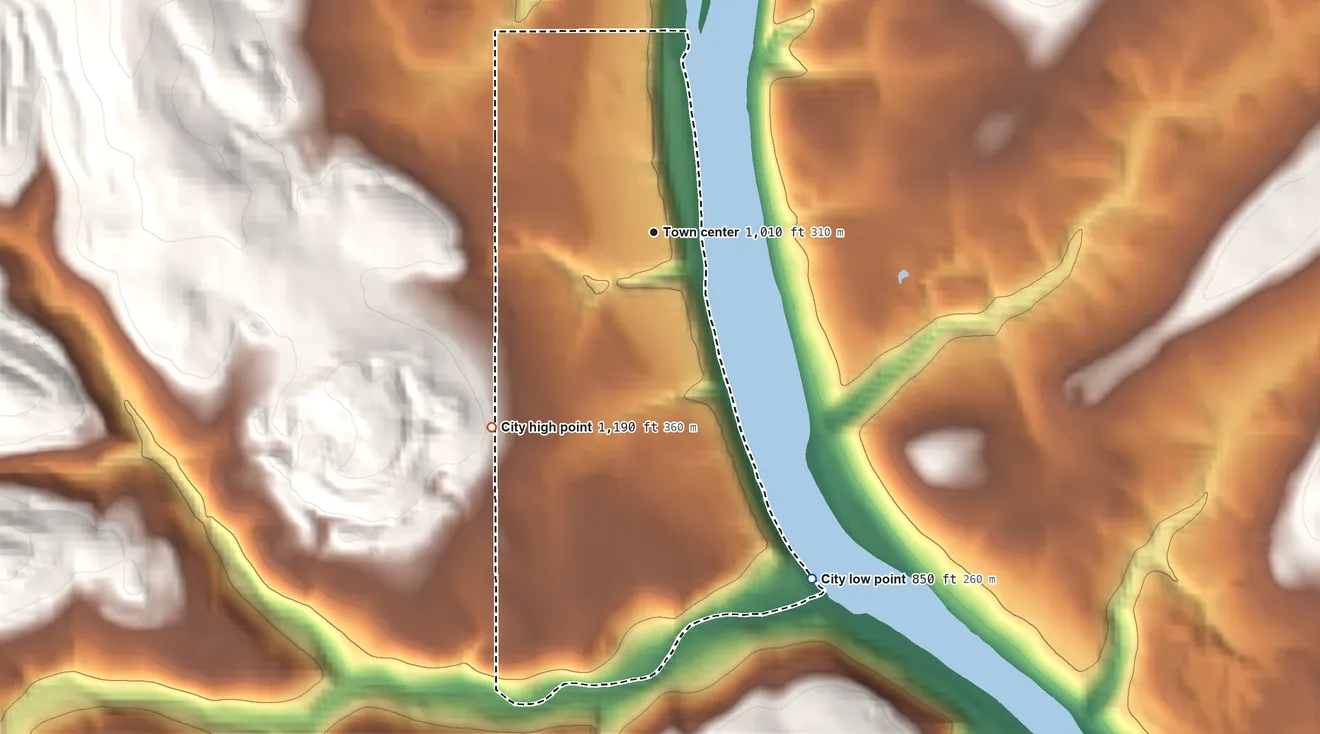 Topographic elevation map of Parker, Pennsylvania, shaded from 850 ft on the southeast side to 1,190 ft on the southwest side