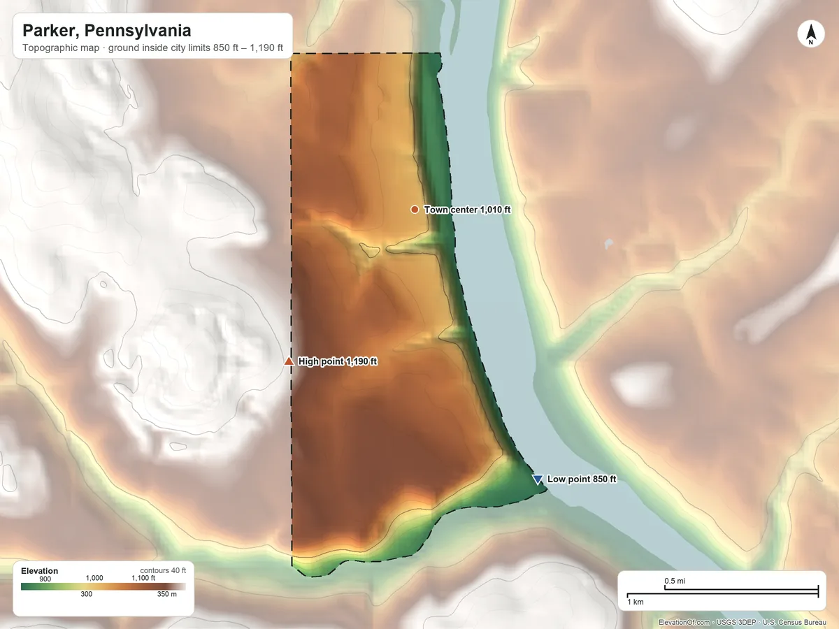 Topographic elevation map of Parker, Pennsylvania, shaded from 850 ft on the southeast side to 1,190 ft on the southwest side