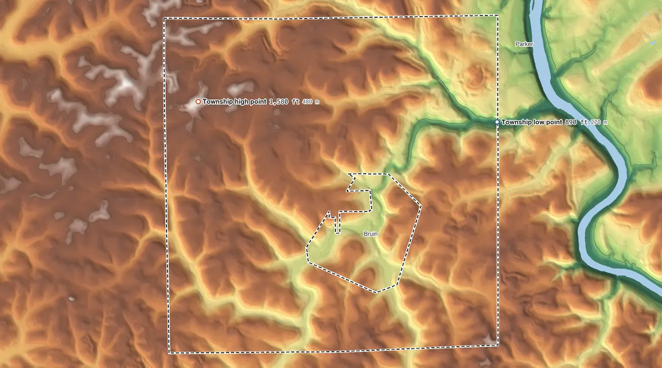 Topographic elevation map of Parker Township, Pennsylvania, shaded from 890 ft on the east side to 1,580 ft on the northwest side