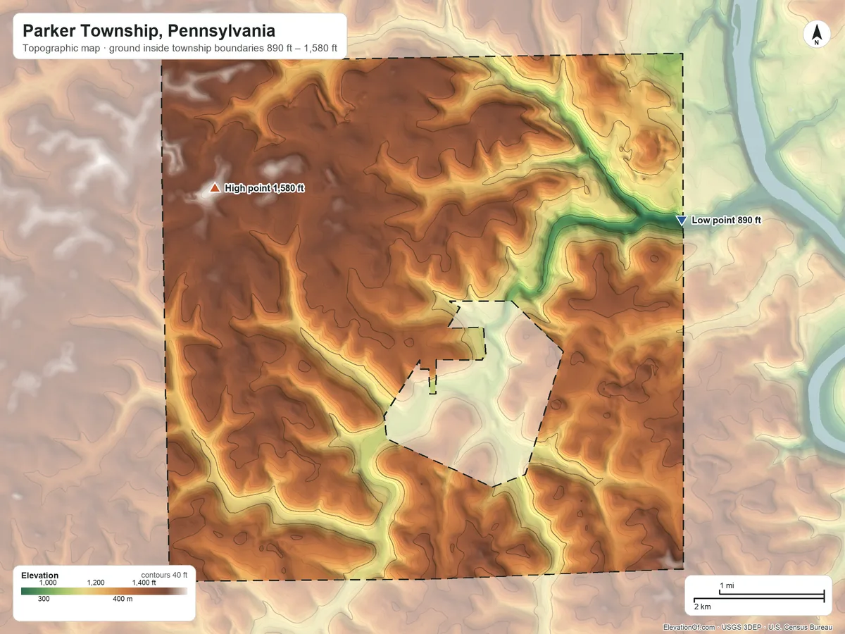 Topographic elevation map of Parker Township, Pennsylvania, shaded from 890 ft on the east side to 1,580 ft on the northwest side