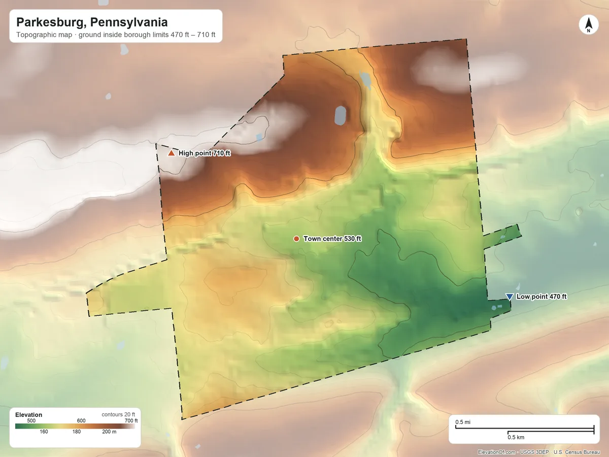 Topographic elevation map of Parkesburg, Pennsylvania, shaded from 470 ft on the east side to 710 ft on the northwest side