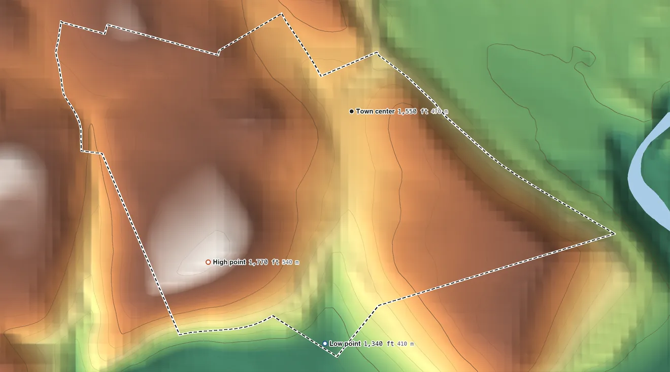 Topographic elevation map of Parkhill, Pennsylvania, shaded from 1,340 ft on the south side to 1,770 ft at the foot of the Laurel Hill