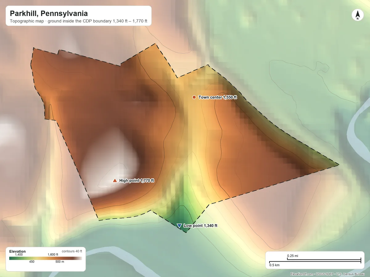 Topographic elevation map of Parkhill, Pennsylvania, shaded from 1,340 ft on the south side to 1,770 ft at the foot of the Laurel Hill