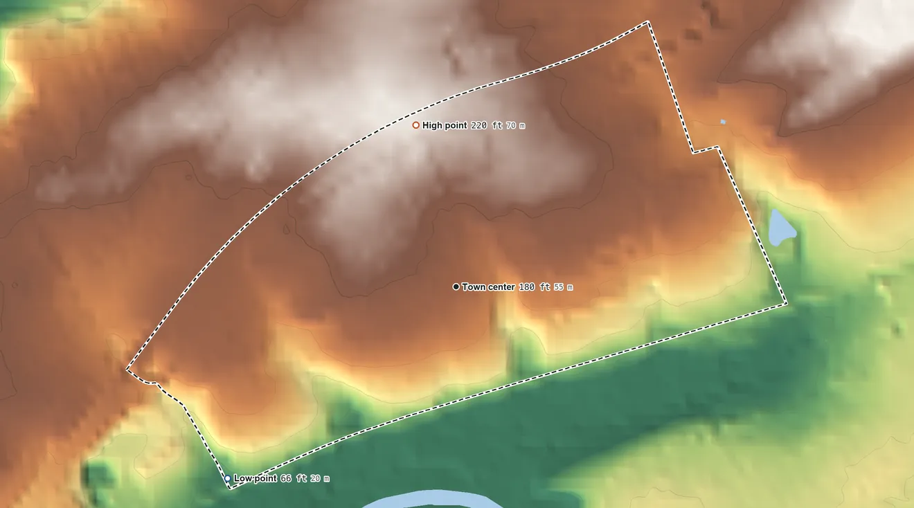 Topographic elevation map of Parkland, Pennsylvania, shaded from 66 ft on the southwest side to 220 ft on the north side