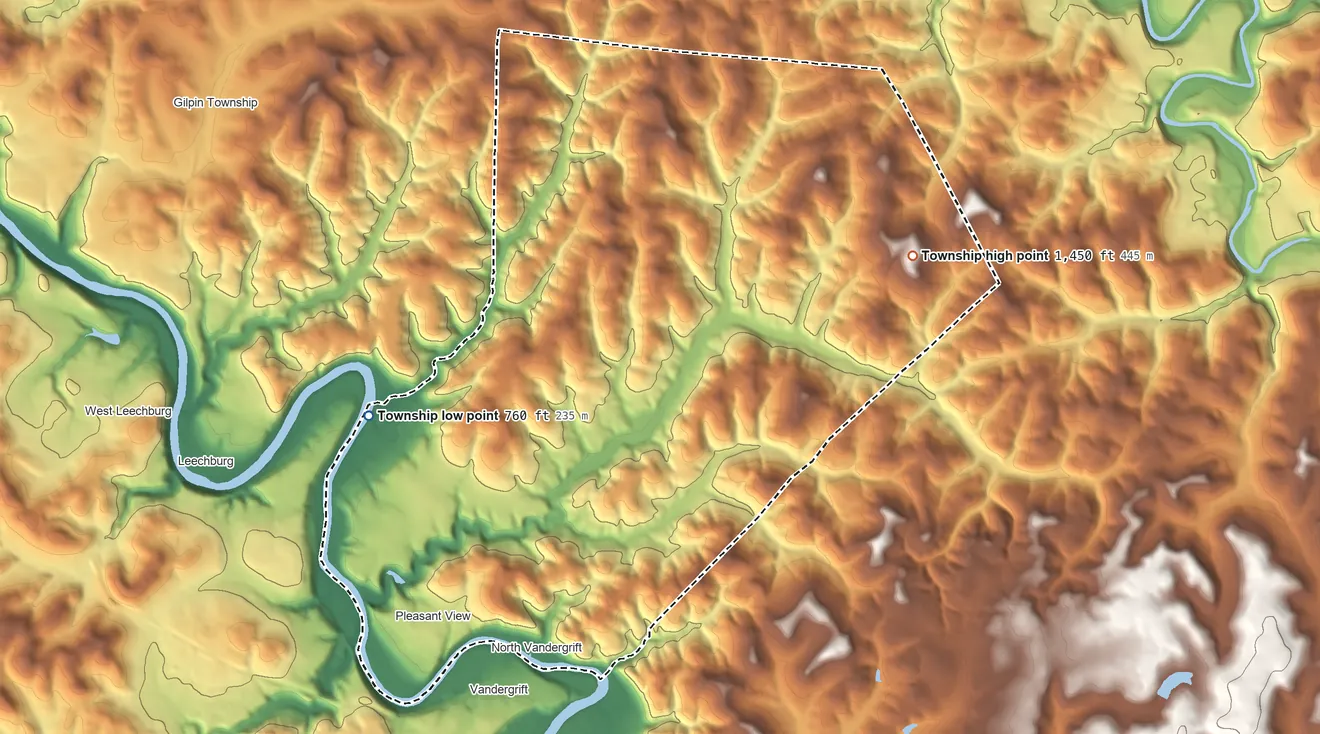 Topographic elevation map of Parks Township, Pennsylvania, shaded from 760 ft on the northwest side to 1,450 ft on the northeast side