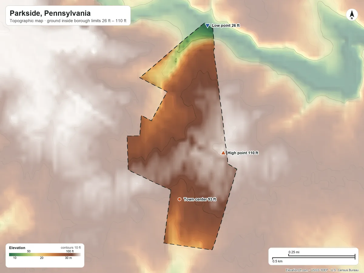 Topographic elevation map of Parkside, Pennsylvania, shaded from 26 ft on the north side to 110 ft on the northeast side