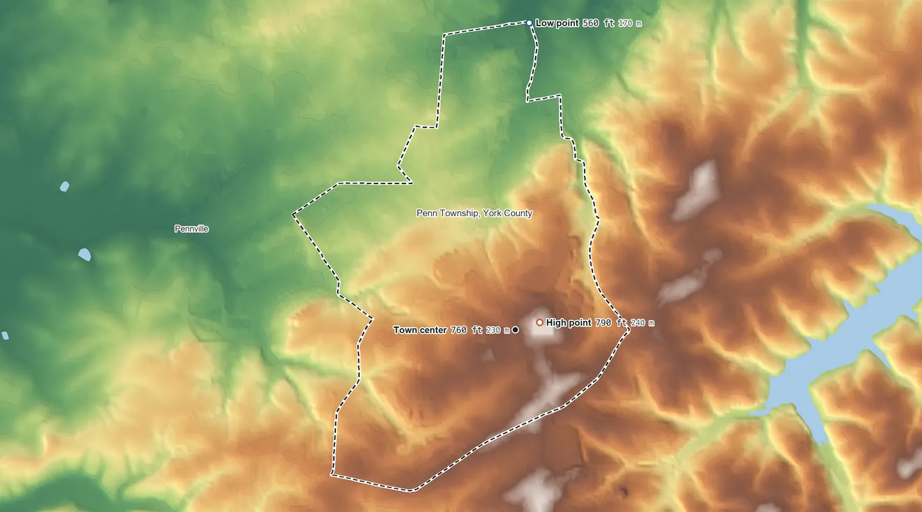 Topographic elevation map of Parkville, Pennsylvania, shaded from 560 ft on the north side to 790 ft near the middle