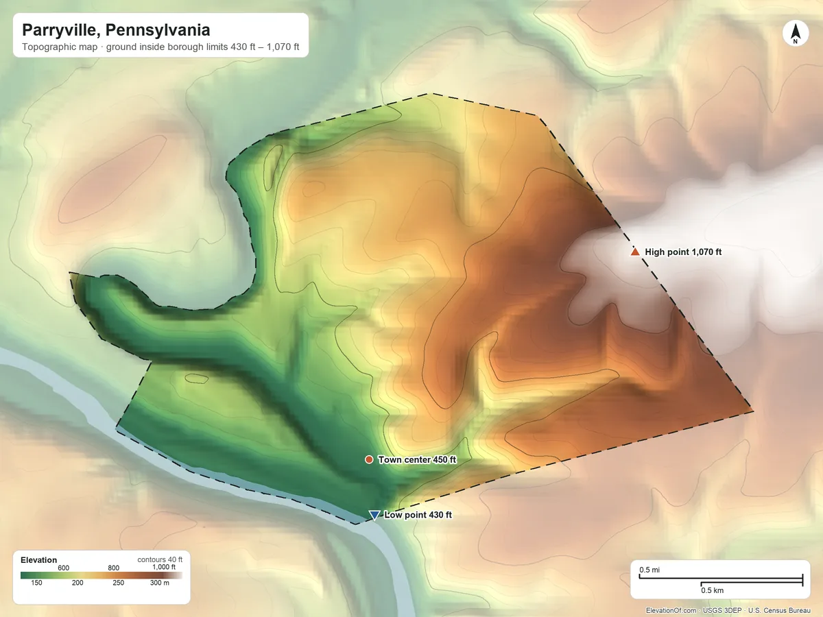 Topographic elevation map of Parryville, Pennsylvania, shaded from 430 ft near the middle to 1,070 ft on the northeast side