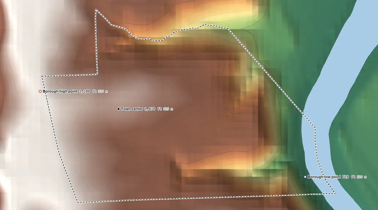 Topographic elevation map of Patterson Heights, Pennsylvania, shaded from 720 ft on the east side to 1,100 ft on the west side
