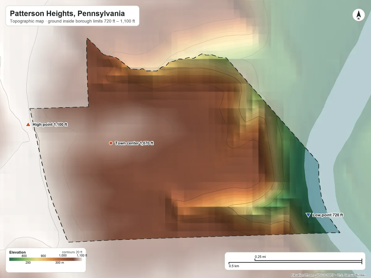 Topographic elevation map of Patterson Heights, Pennsylvania, shaded from 720 ft on the east side to 1,100 ft on the west side