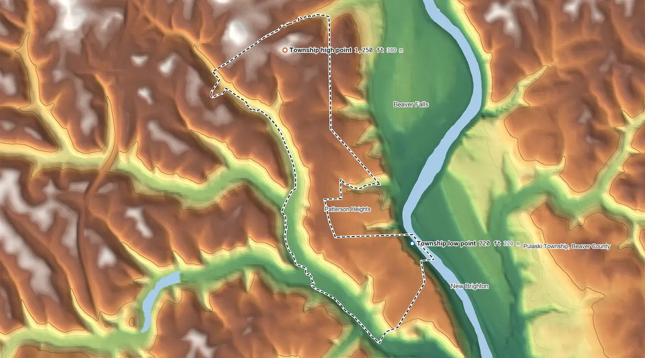 Topographic elevation map of Patterson Township, Pennsylvania, shaded from 720 ft on the southeast side to 1,250 ft on the north side