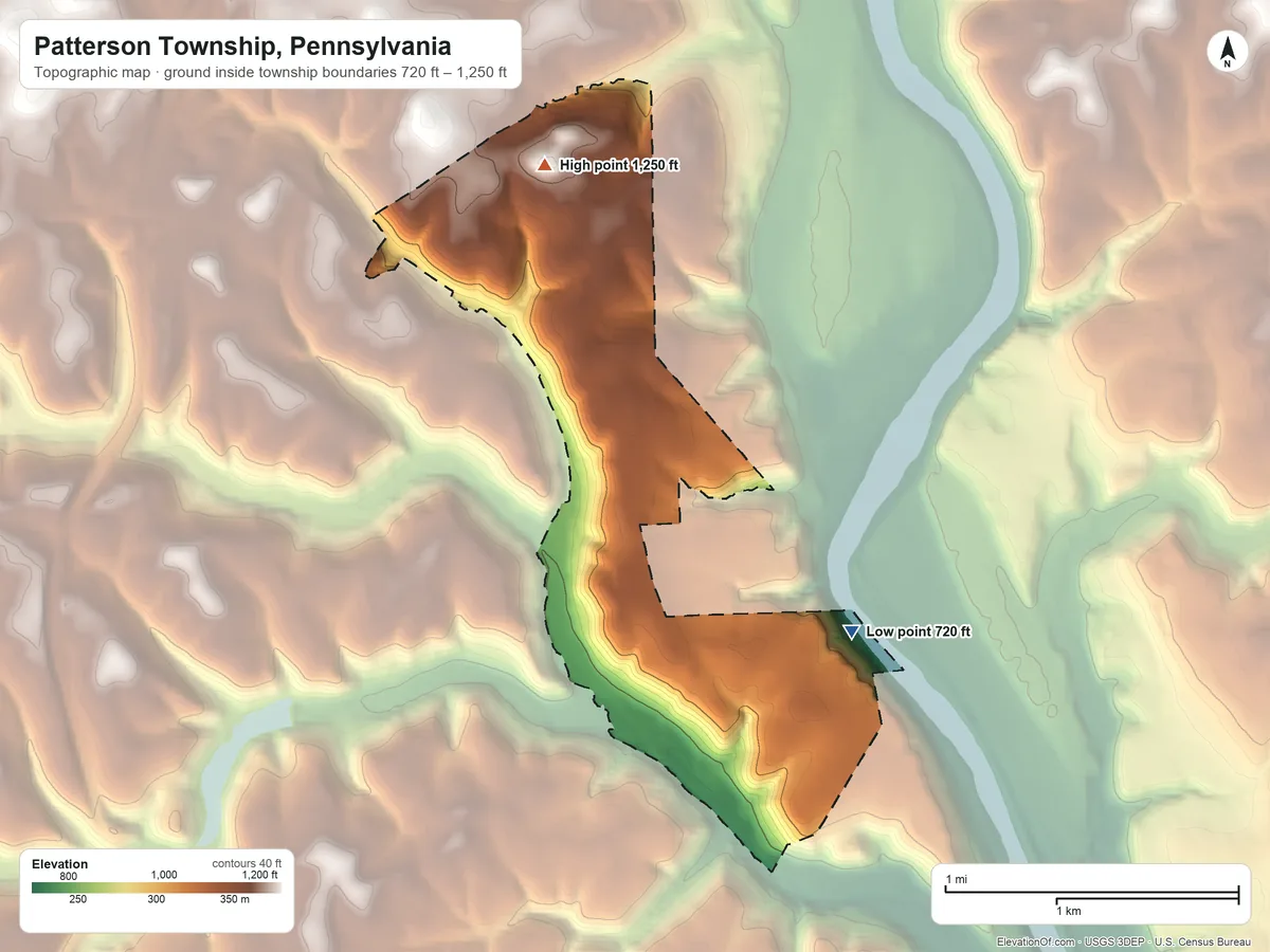 Topographic elevation map of Patterson Township, Pennsylvania, shaded from 720 ft on the southeast side to 1,250 ft on the north side