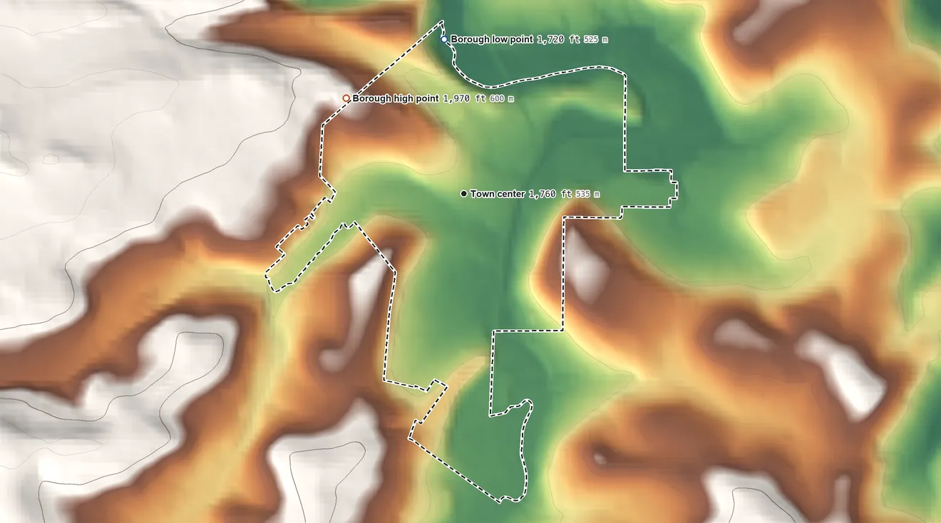 Topographic elevation map of Patton, Pennsylvania, shaded from 1,720 ft on the north side to 1,970 ft on the northwest side