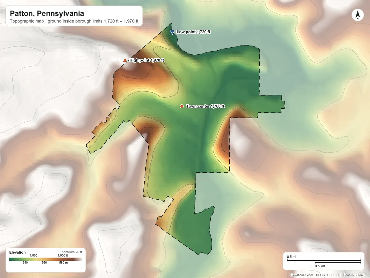 Topographic elevation map of Patton, Pennsylvania, shaded from 1,720 ft on the north side to 1,970 ft on the northwest side