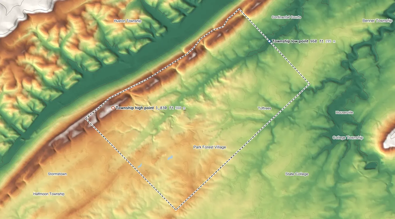 Topographic elevation map of Patton Township, Pennsylvania, shaded from 960 ft on the northeast side to 1,830 ft on the west side