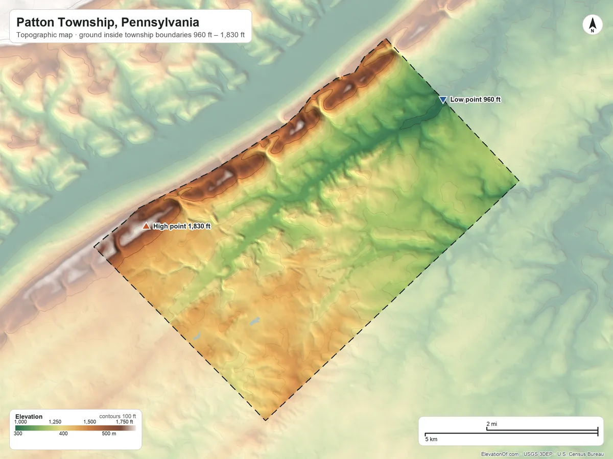 Topographic elevation map of Patton Township, Pennsylvania, shaded from 960 ft on the northeast side to 1,830 ft on the west side