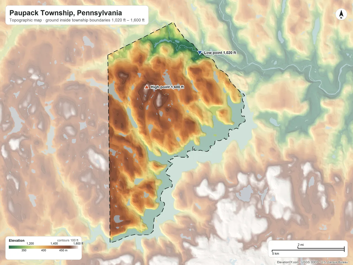 Topographic elevation map of Paupack Township, Pennsylvania, shaded from 1,020 ft on the northeast side to 1,600 ft on the north side
