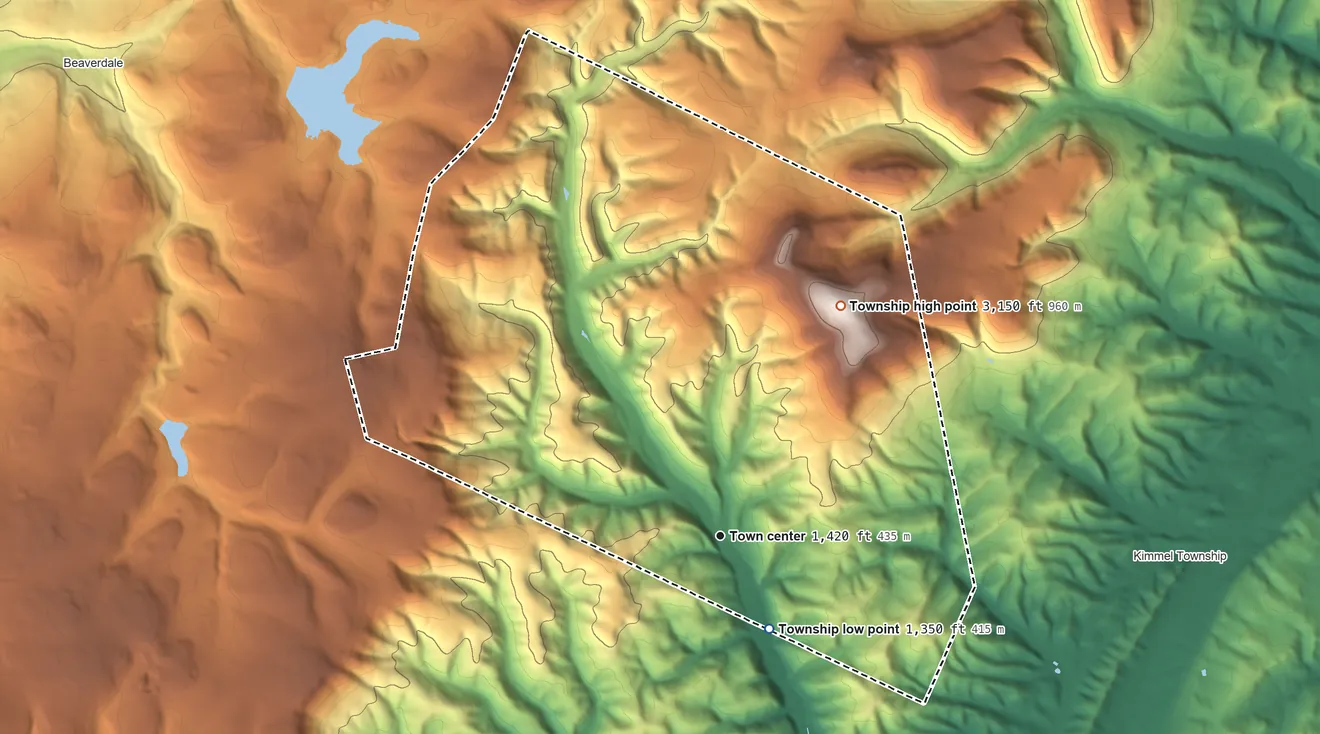 Topographic elevation map of Pavia Township, Pennsylvania, shaded from 1,350 ft on the southeast side to 3,150 ft on Blue Knob