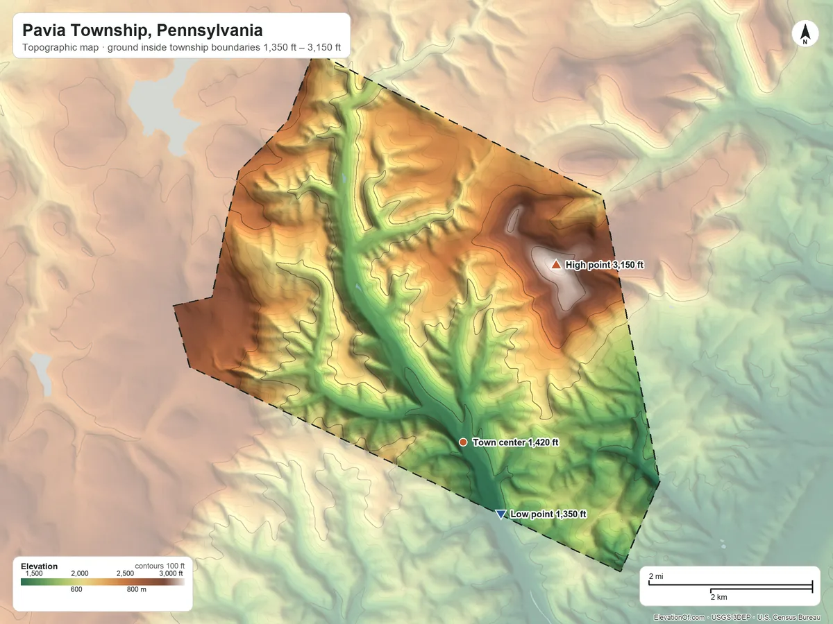 Topographic elevation map of Pavia Township, Pennsylvania, shaded from 1,350 ft on the southeast side to 3,150 ft on Blue Knob
