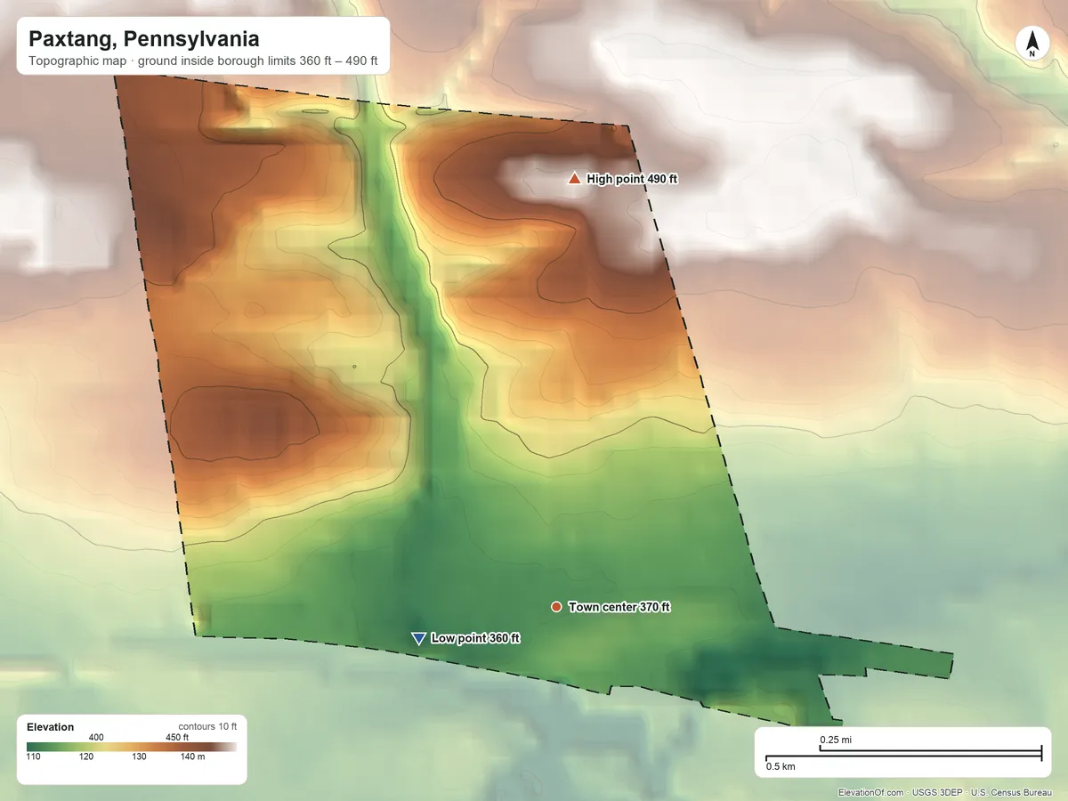Topographic elevation map of Paxtang, Pennsylvania, shaded from 360 ft on the west side to 490 ft on the north side