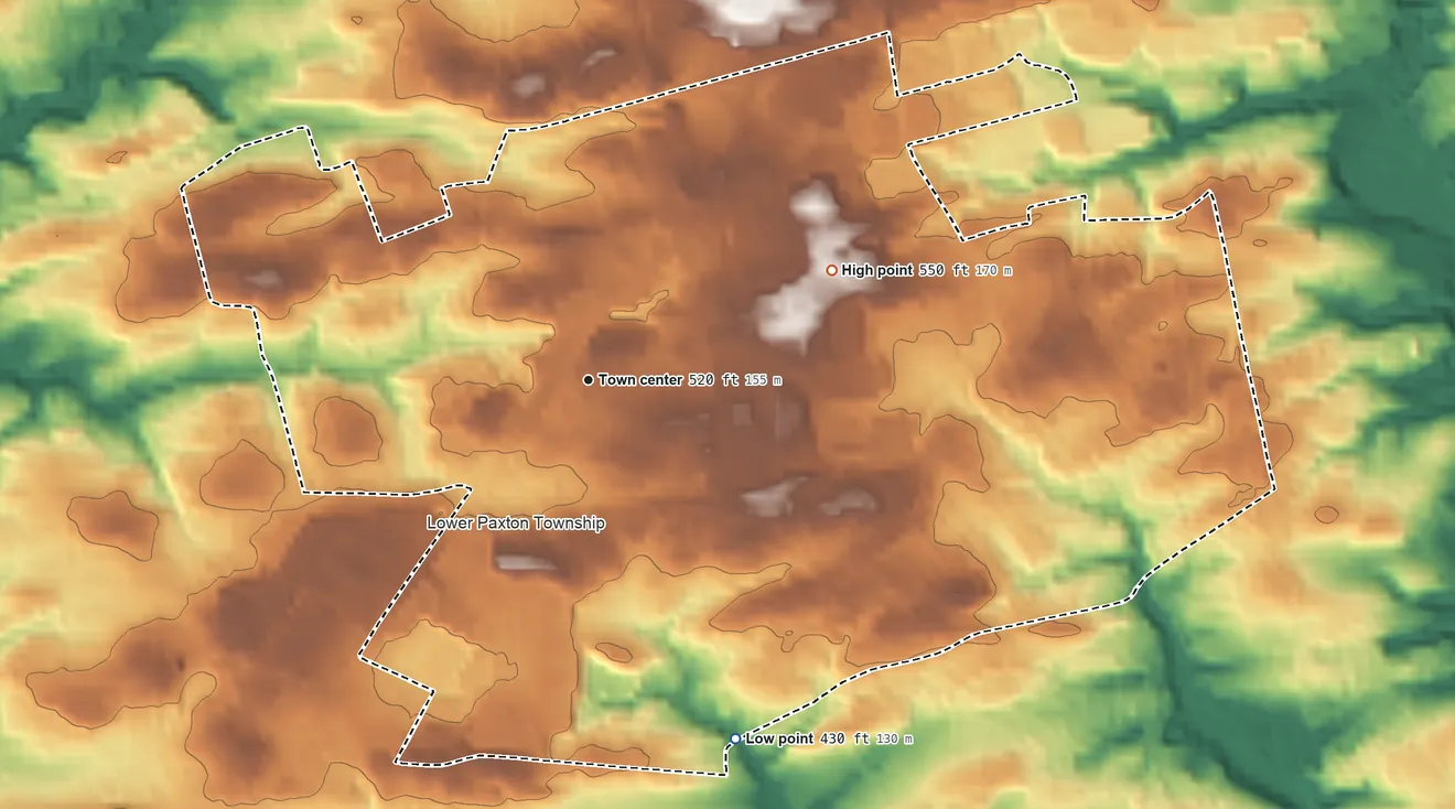 Topographic elevation map of Paxtonia, Pennsylvania, shaded from 430 ft on the south side to 550 ft on the northeast side