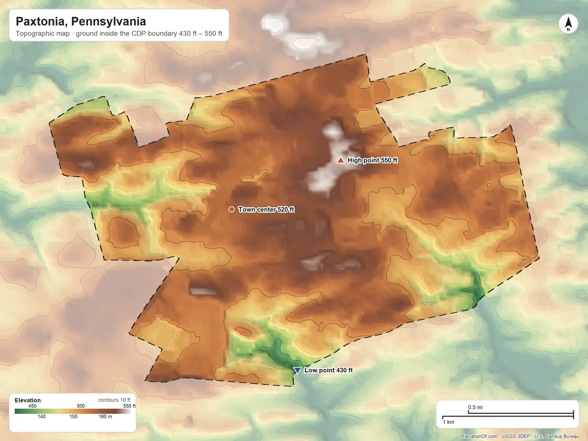 Topographic elevation map of Paxtonia, Pennsylvania, shaded from 430 ft on the south side to 550 ft on the northeast side