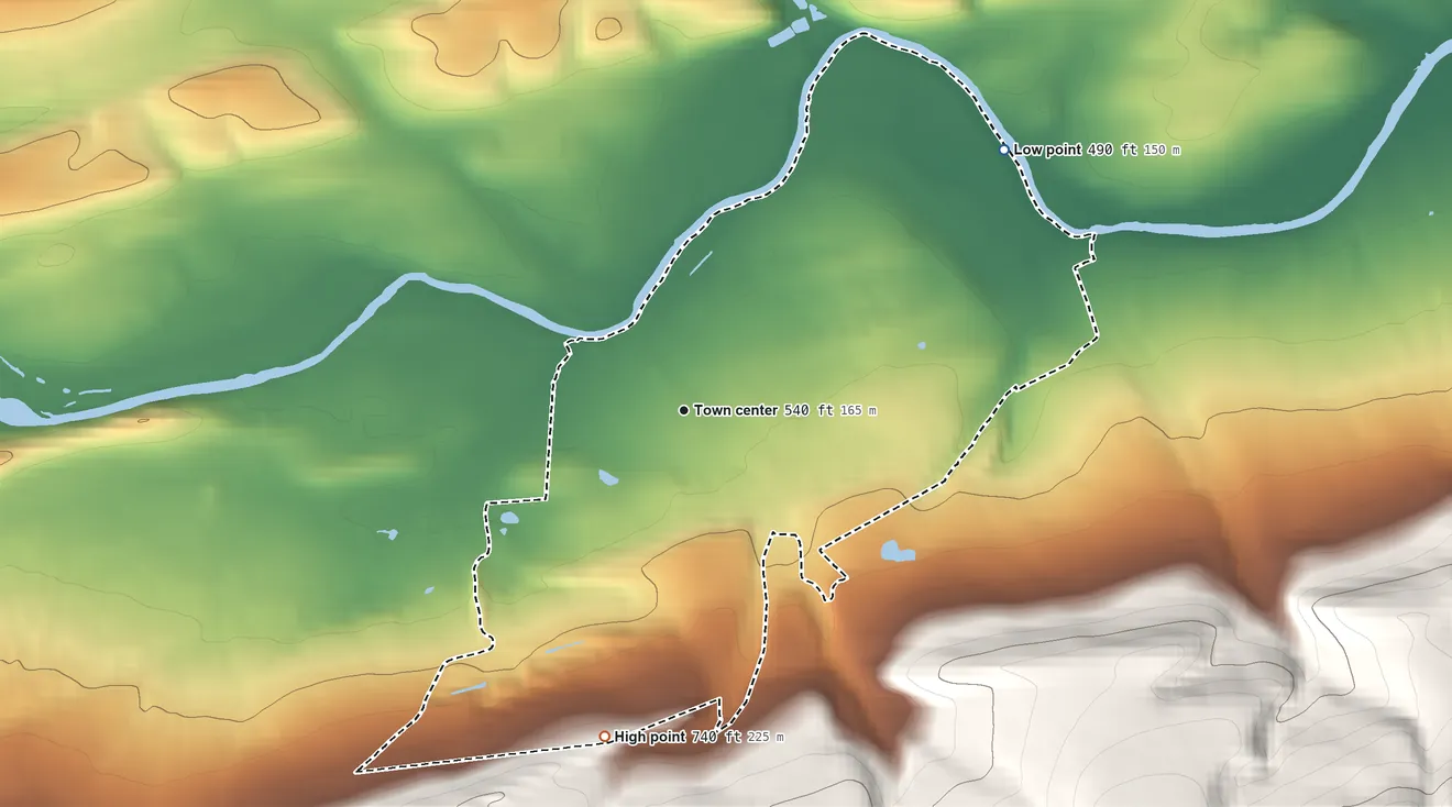 Topographic elevation map of Paxtonville, Pennsylvania, shaded from 490 ft on the northeast side to 740 ft on the south edge, below higher ground just outside