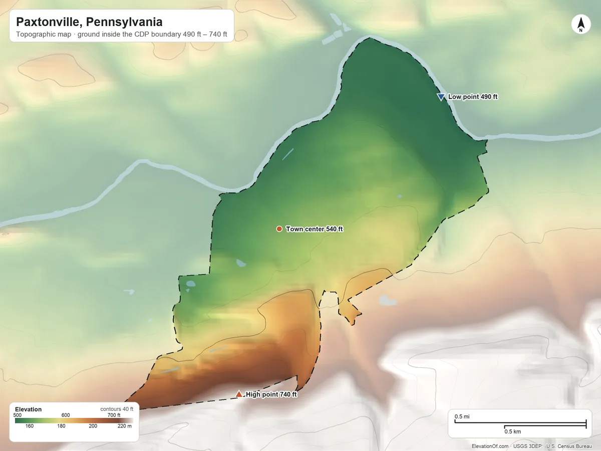 Topographic elevation map of Paxtonville, Pennsylvania, shaded from 490 ft on the northeast side to 740 ft on the south edge, below higher ground just outside