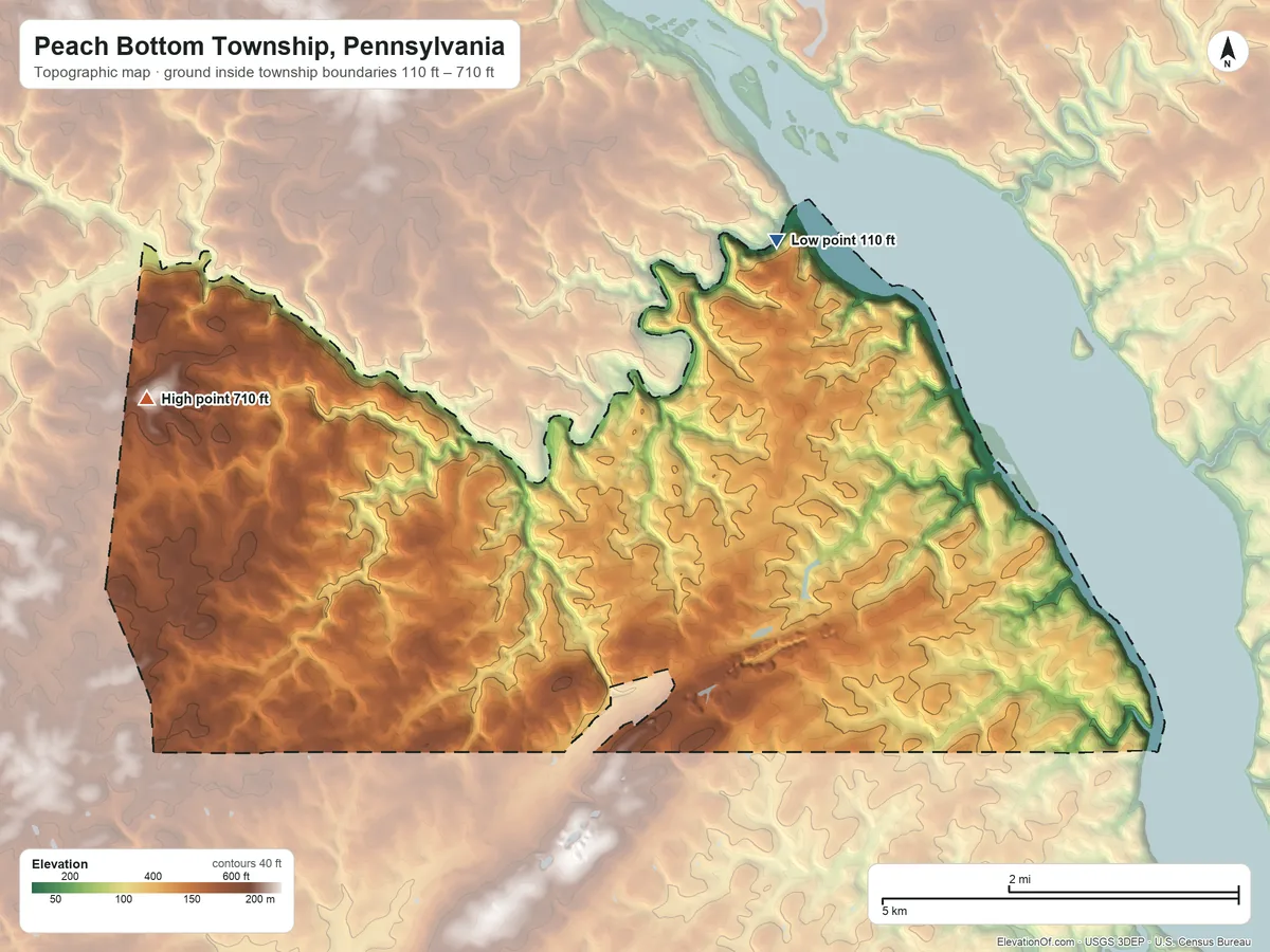 Topographic elevation map of Peach Bottom Township, Pennsylvania, shaded from 110 ft on the northeast side to 710 ft on the west side