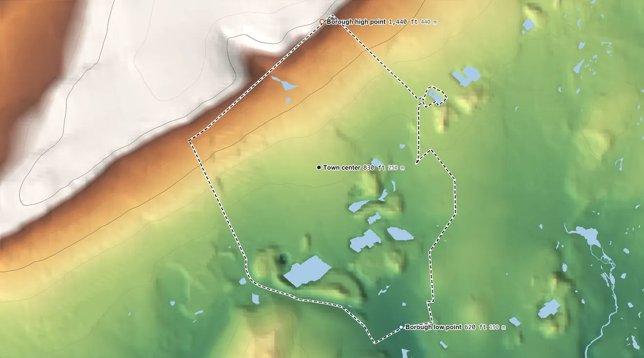 Topographic elevation map of Pen Argyl, Pennsylvania, shaded from 620 ft on the southeast side to 1,440 ft on the north side