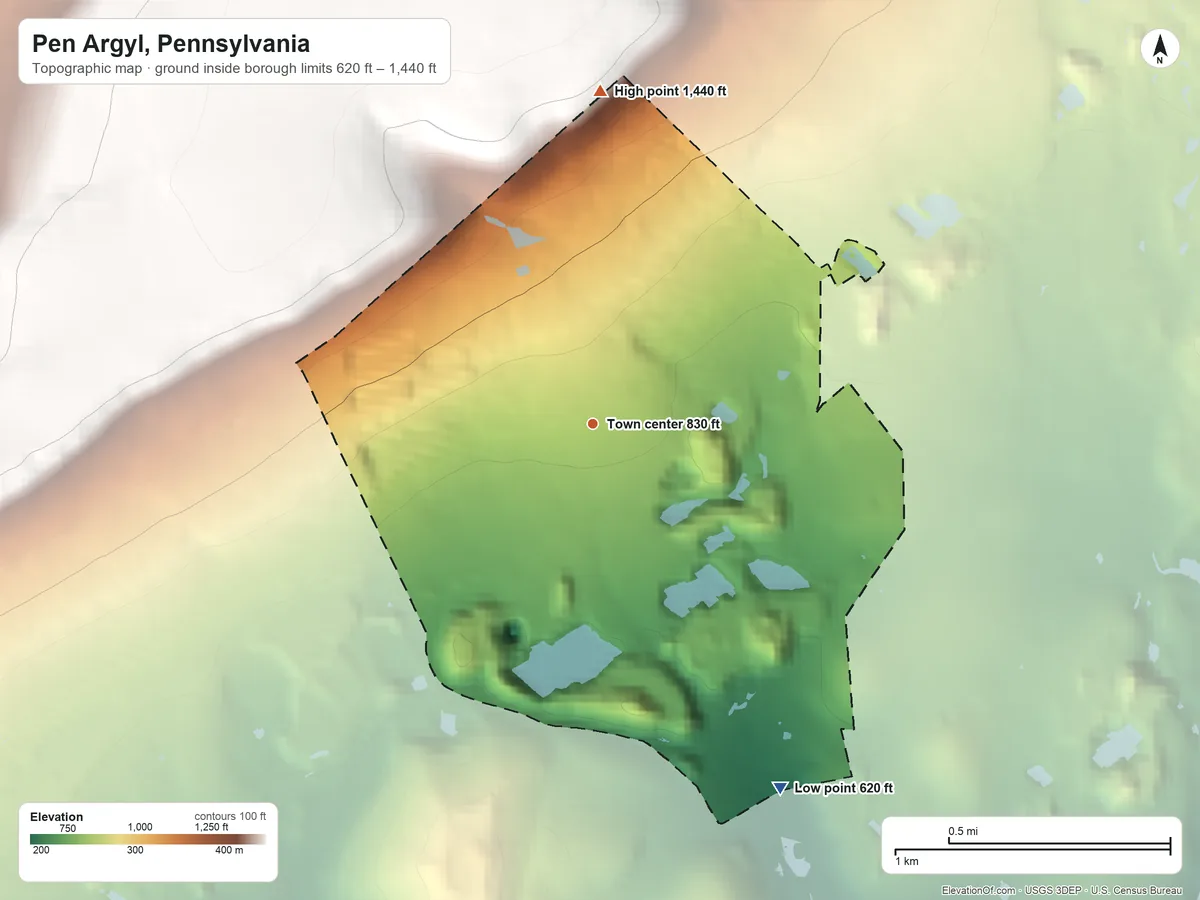 Topographic elevation map of Pen Argyl, Pennsylvania, shaded from 620 ft on the southeast side to 1,440 ft on the north side