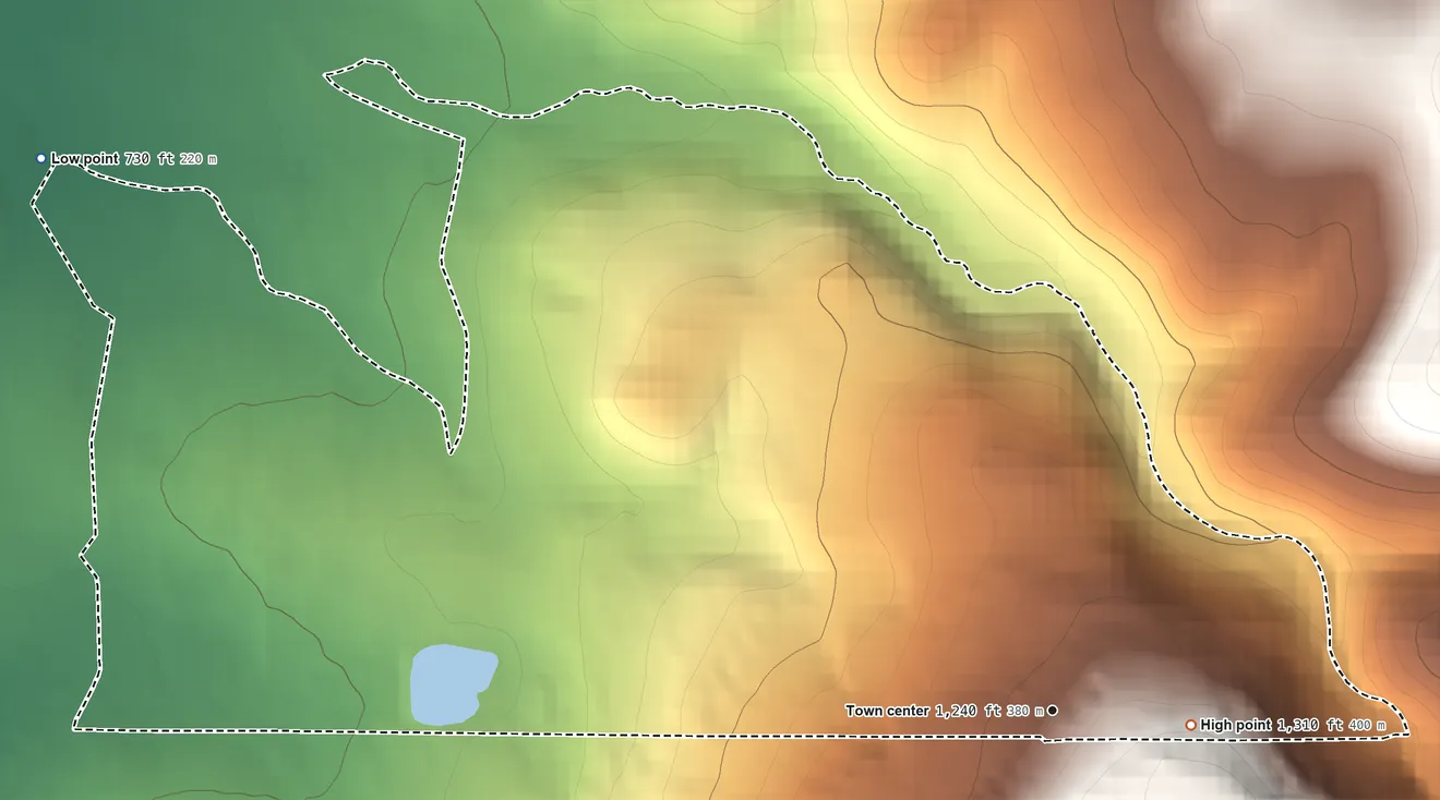 Topographic elevation map of Pen Mar, Pennsylvania, shaded from 730 ft on the northwest side to 1,310 ft at the foot of the South Mountain