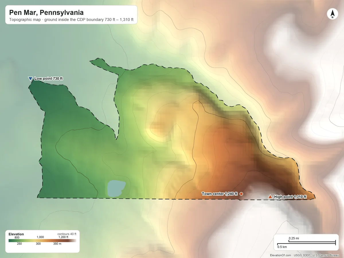 Topographic elevation map of Pen Mar, Pennsylvania, shaded from 730 ft on the northwest side to 1,310 ft at the foot of the South Mountain